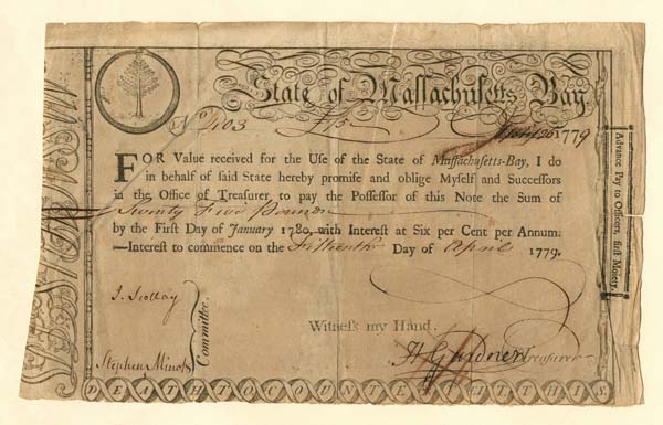 State of Massachusetts Bay - 1779 dated 25 Pound 6% Bond - Advance Pay to Officers